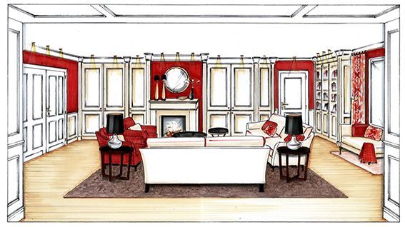 Zeichnung eines Wohnzimmers mit roten Wänden, weißen Zierleisten, Kamin, Möbeln und kunstvollen Details.