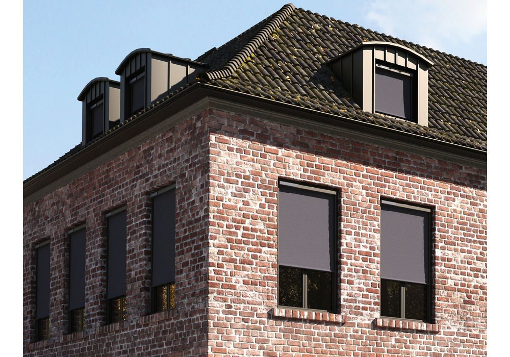 Backsteingebäude mit dunklen Jalousien an den Fenstern, Dachgauben mit schwarzen Dächern und einem Ziegeldach vor einem hellblauen Himmel.