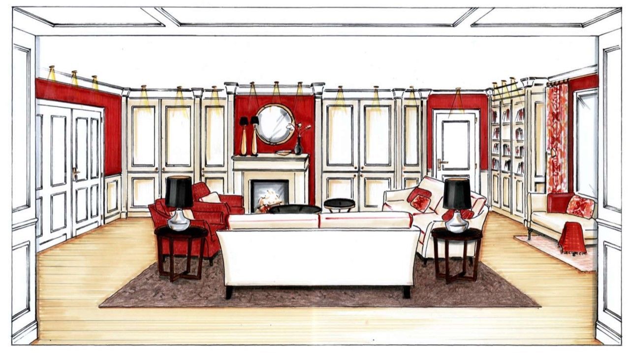 Ein farbenfrohes, elegantes Wohnzimmerinterieur mit roten Wänden, weißen Zierleisten und Möbeln, darunter ein Kamin.