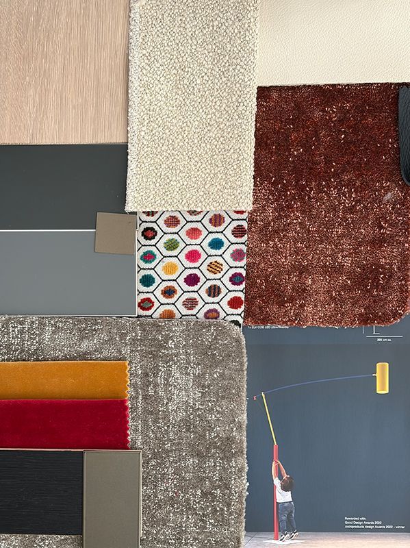 Moodboard: Holzmaserung, Teppichmuster (Beige, Rostrot), gemusterter Stoff, Person, die eine Wand streicht.