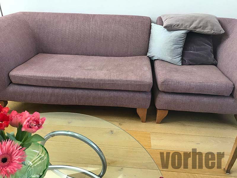 Rosa Sofa mit Kissen, Holzbeinen und Glastisch mit Blumen.