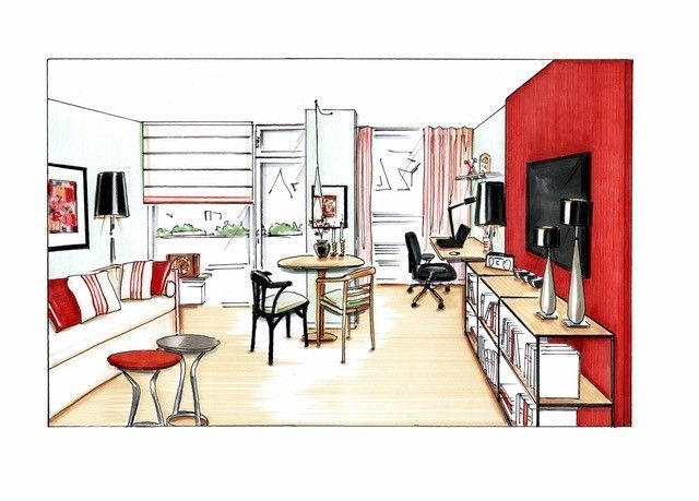 Innenraumskizze eines modernen Wohnraums mit roter Akzentwand, Sofa, Schreibtisch und Essbereich.