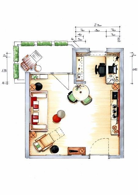 Grundriss einer kleinen Wohnung mit Möblierung: Wohnzimmer, Küche, Balkon und Schreibtisch mit schwarzem Stuhl.