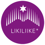 Pyöreä violetti logo, jossa on tyylitelty valkoinen revontuli tai vuorenhuippu ja tähti LIKILIIKE-sanan yläpuolella.