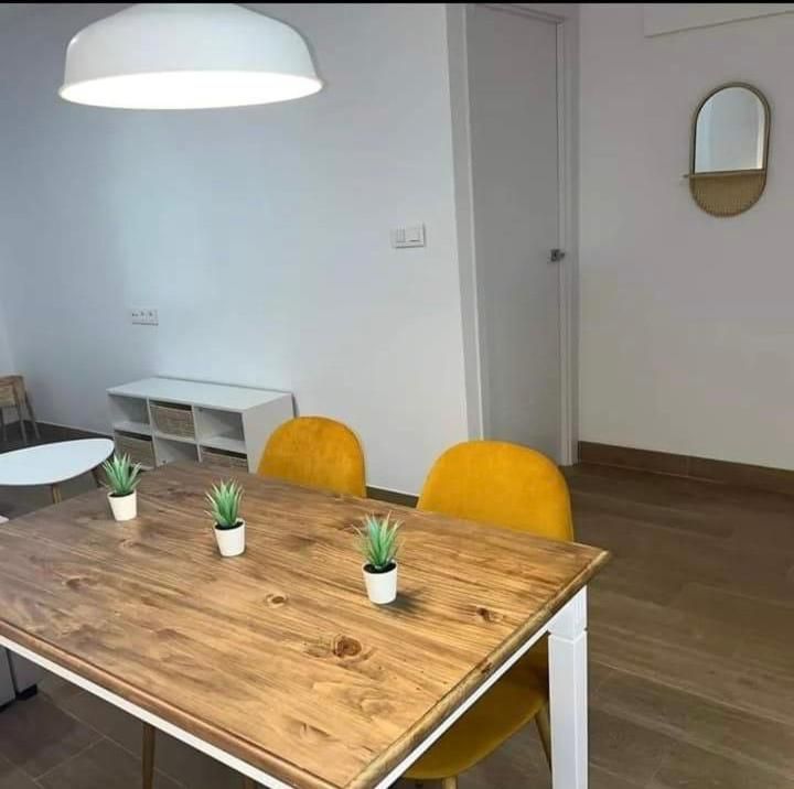 Una mesa de madera con tres plantas en macetas encima.