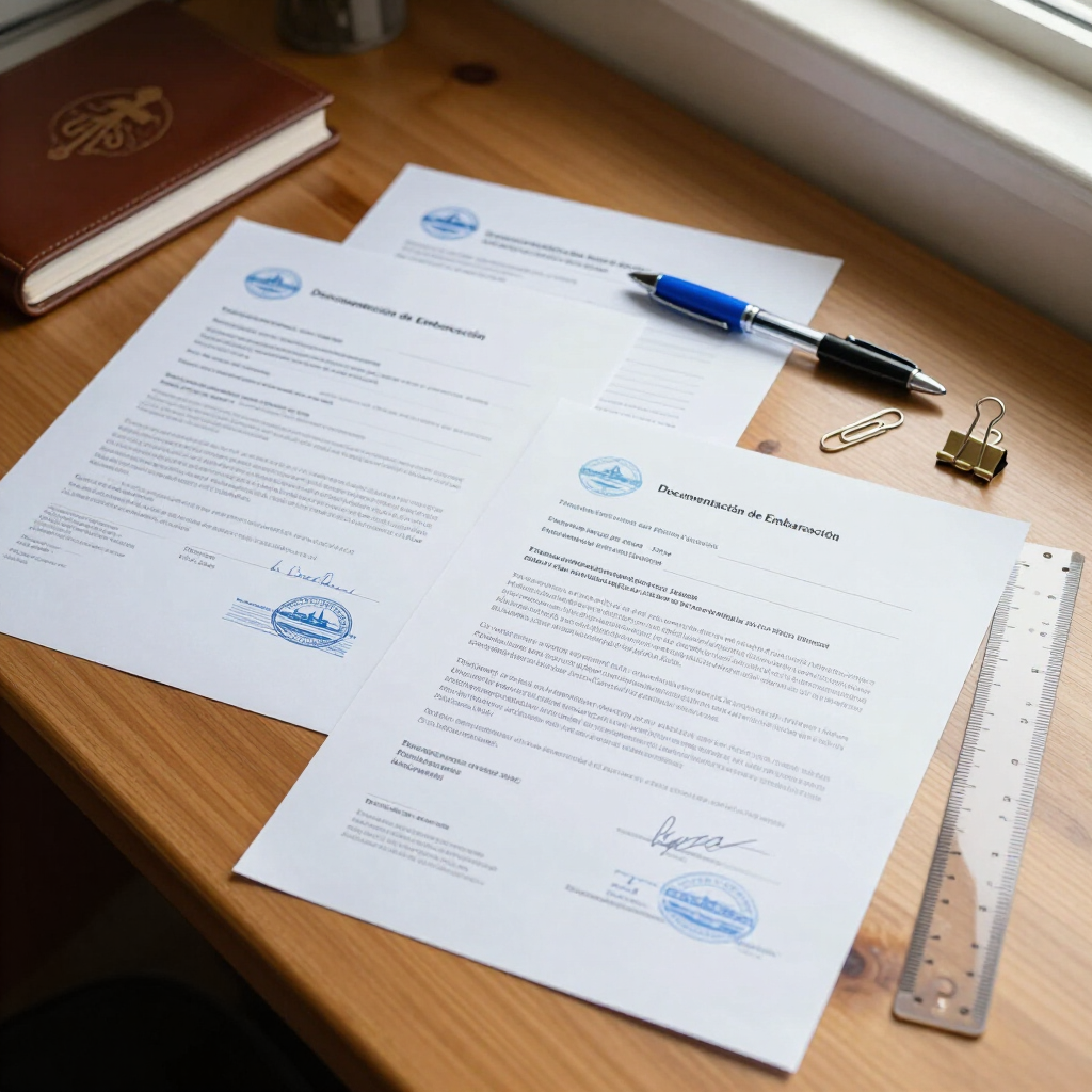 Documentos con sellos azules y un bolígrafo sobre un escritorio de madera, junto a una regla y un candado.
