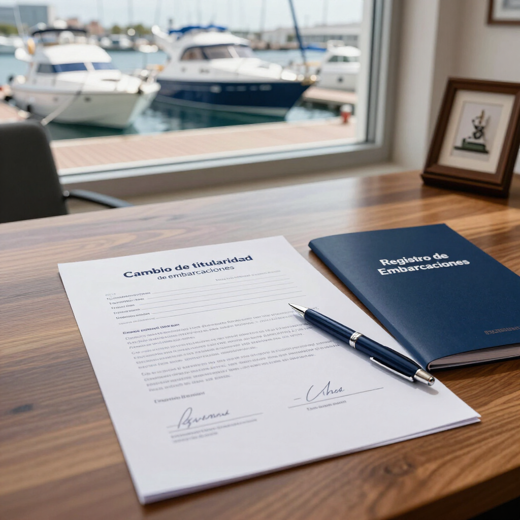 Contrato firmado sobre el escritorio junto a la ventana del puerto deportivo, con bolígrafo y carpeta azul marino.
