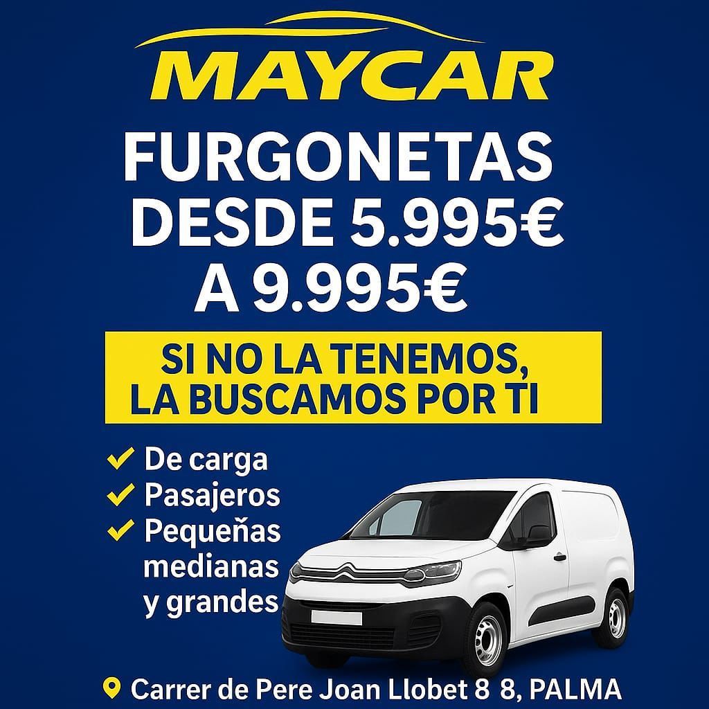 Anuncio de furgonetas Maycar, con precios desde 5.995 € hasta 9.995 €. Presenta una furgoneta blanca y texto sobre fondo azul.