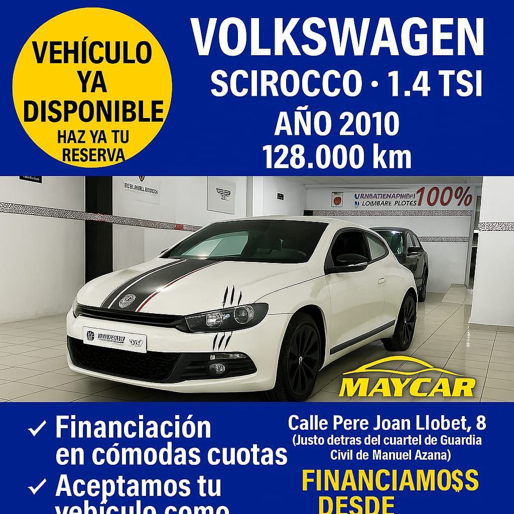 Volkswagen Scirocco blanco en venta. Año 2010, 128.000 km y opciones de financiación disponibles.