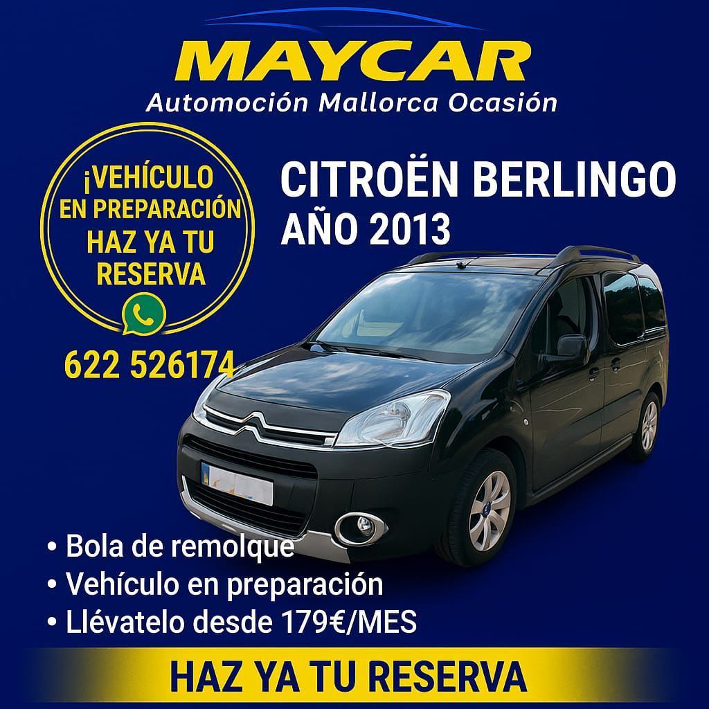 Anuncio de un Citroën Berlingo negro de segunda mano de 2013, con bola de remolque y en preparación, desde 179 €/mes. Número de contacto.