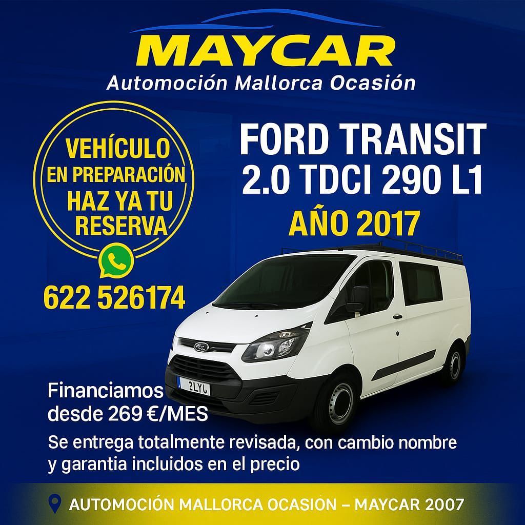 Anuncio de furgoneta Ford Transit blanca. El texto incluye detalles del modelo, año, información de contacto, 