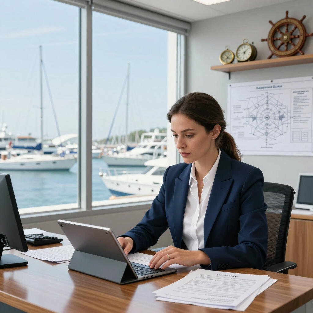 Mujer profesional trabajando en un escritorio con una tableta en una oficina de un puerto deportivo; veleros visibles a través de grandes ventanales.