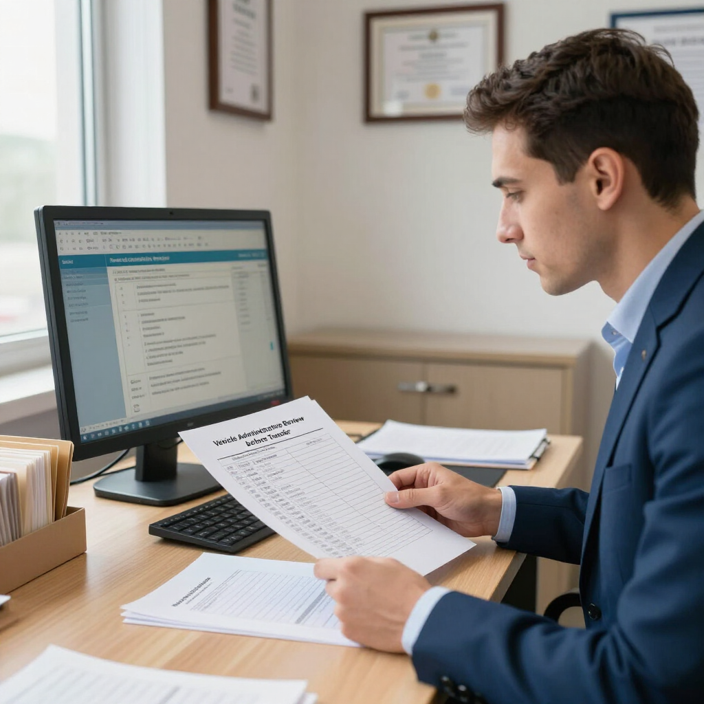 Hombre revisando documentos en un escritorio junto a una computadora en una oficina.