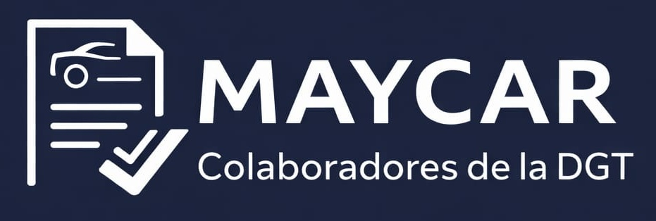 Logotipo para Maycar: silueta de coche dorada sobre "MAYCAR" dorada, debajo, "Automoción Mallorca Ocasión"