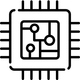 Un icono en blanco y negro de un chip de computadora sobre un fondo blanco.