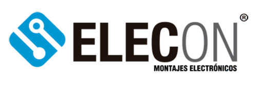 A blue and black logo for elecon montajes electronicos