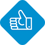 Un icono de pulgar hacia arriba en un cuadrado azul sobre un fondo blanco.