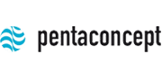El logotipo de pentaconcept es azul y negro con un círculo azul en el medio.