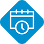 Un cuadrado azul con un calendario y un reloj dentro.