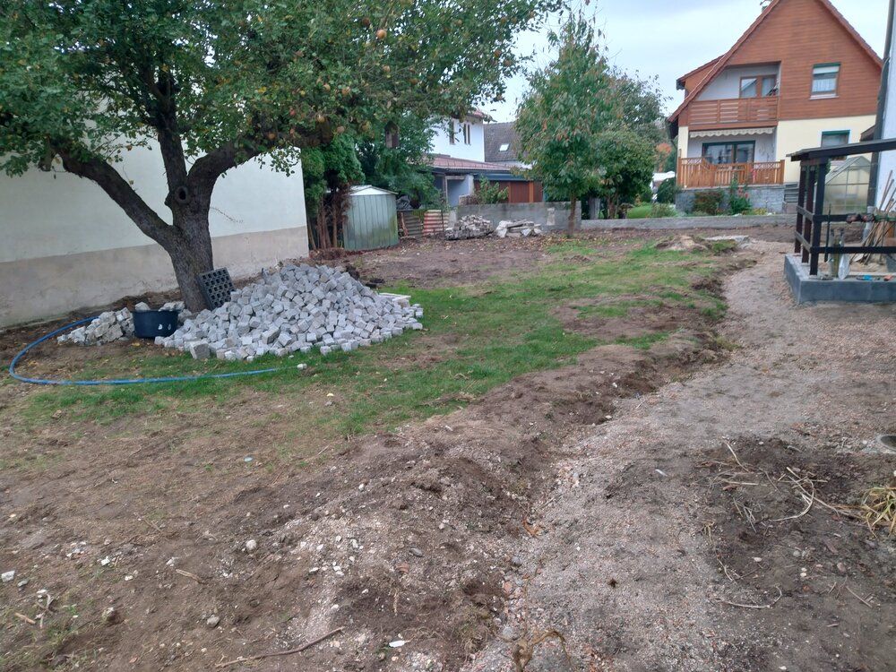 Hinterhof mit Baum, Steinhaufen, Feldweg und Häusern im Hintergrund an einem bewölkten Tag.