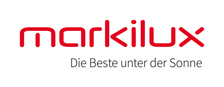 Logo for markilux with red text and tagline 