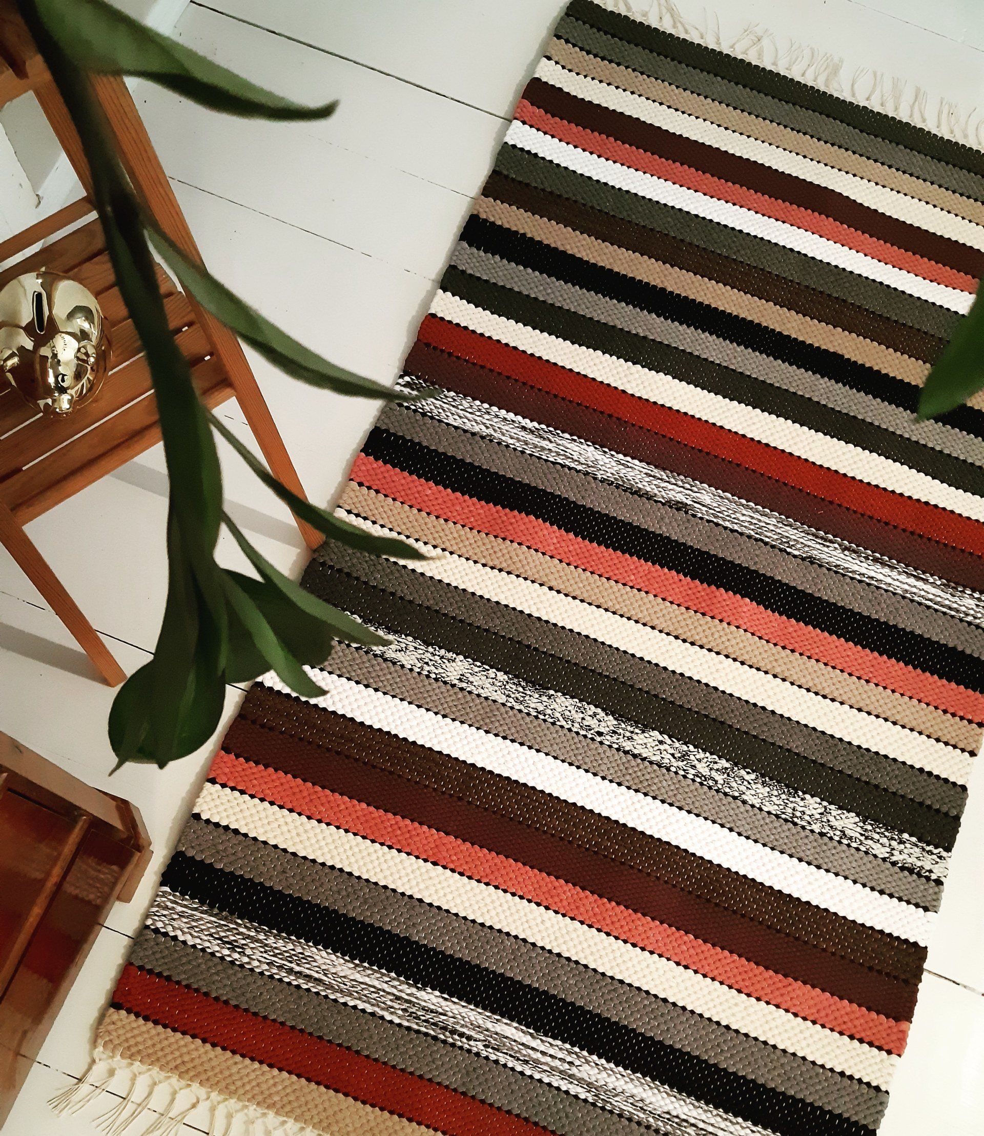 Raidallinen matto on lattialla kasvin vieressä