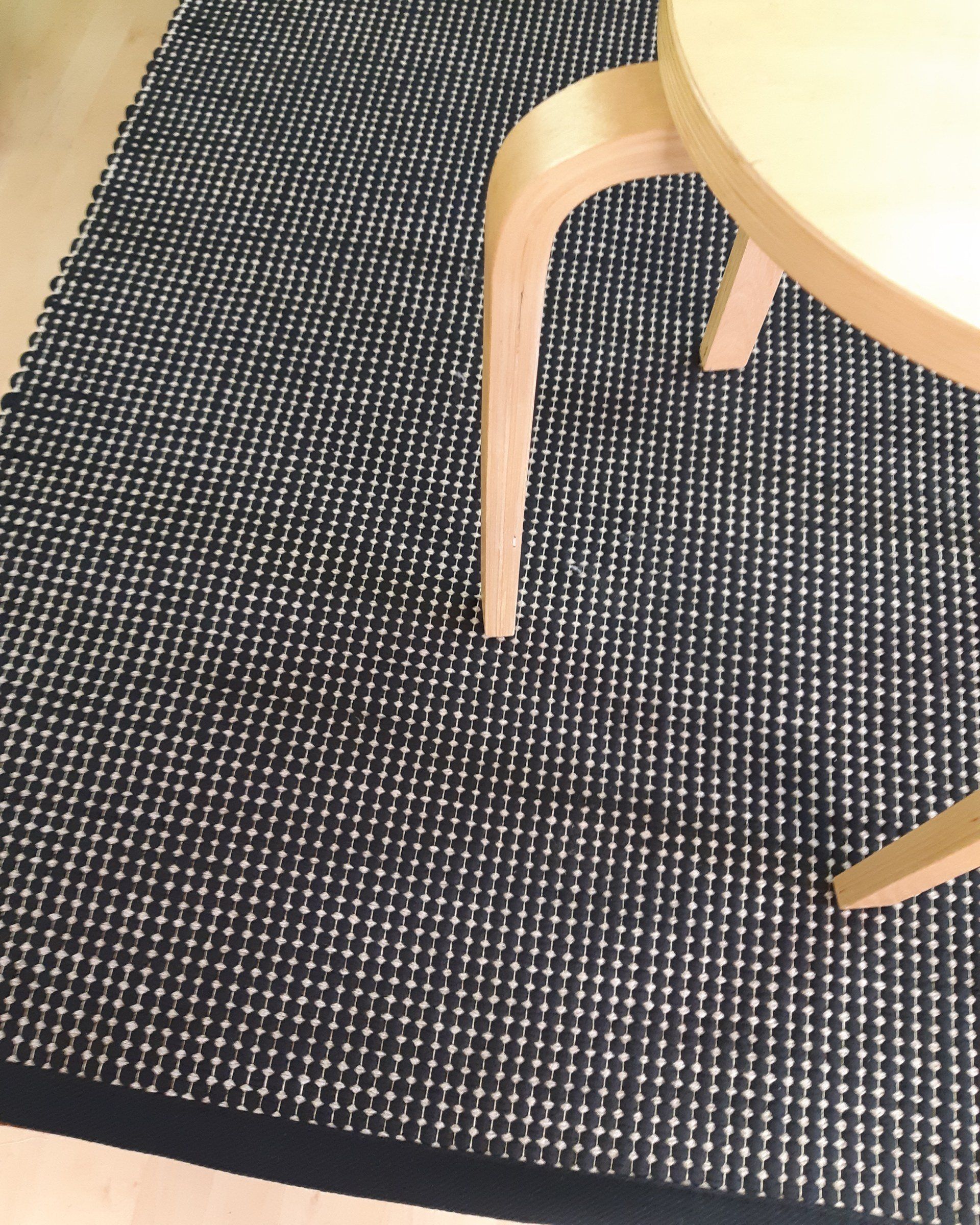 Mustavalkoinen matto, jonka taustalla on puinen pöytä