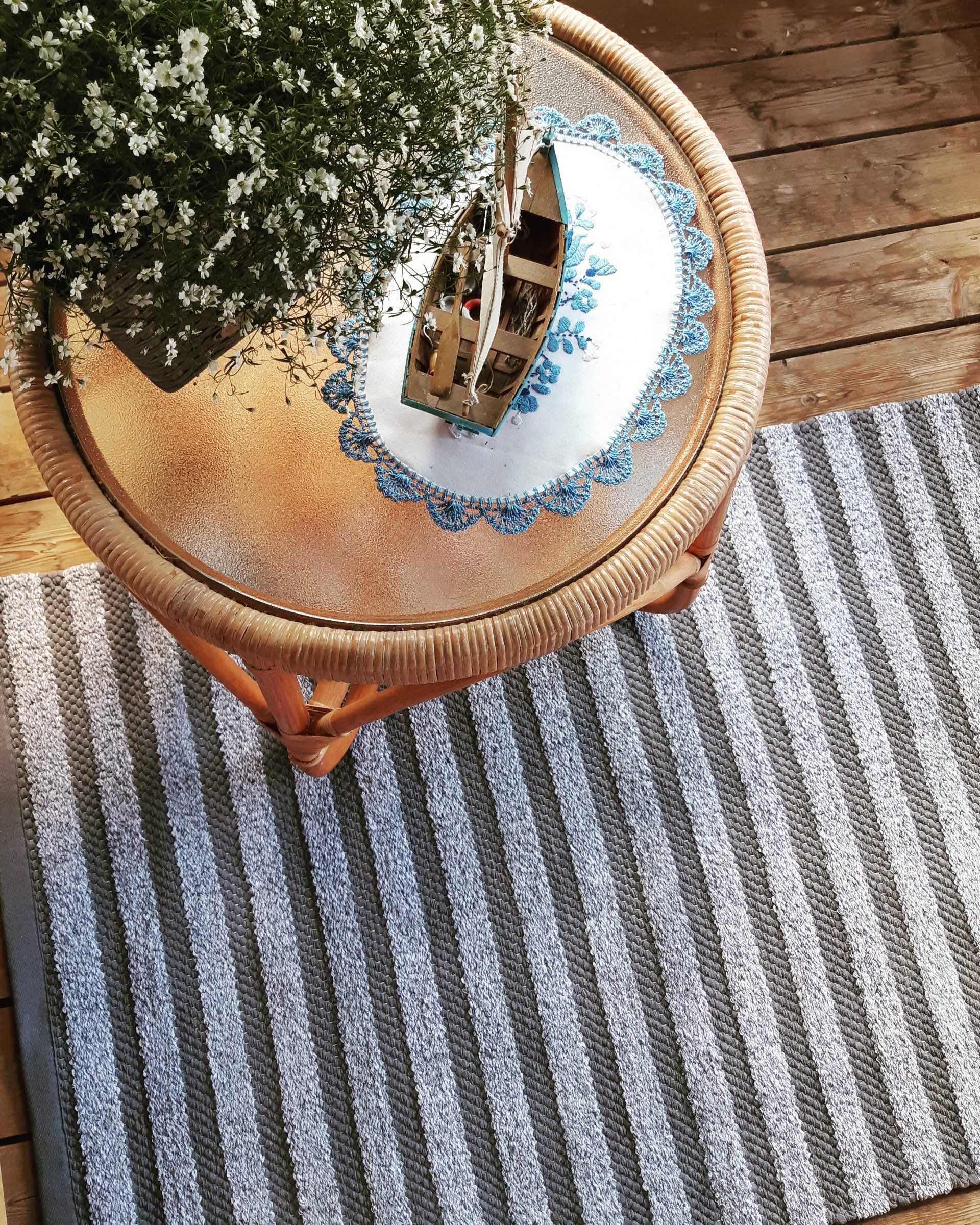 Raidallinen matto on lattialla pajupöydän vieressä