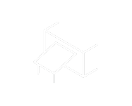 Eine weiße Umrisszeichnung eines kleinen, rechteckigen Tisches, der vor einem größeren Schreibtisch steht.