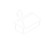 Eine weiße Strichzeichnung eines einfachen Hauses mit einem stilisierten Flammen- oder Tropfensymbol über der Dachlinie.