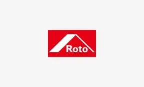Das rote rechteckige Logo von Roto mit einer weißen, stilisierten Dachform über dem Markennamen.