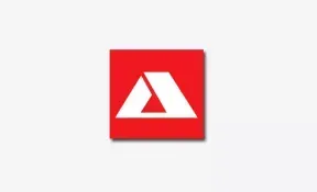 Ein weißes geometrisches Logo mit einer stilisierten Zeltform, die in der Mitte eines roten Quadrats angeordnet ist.