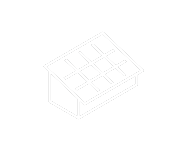 Eine minimalistische weiße Strichzeichnung einer kleinen Gewächshauskonstruktion in isometrischer Perspektive.