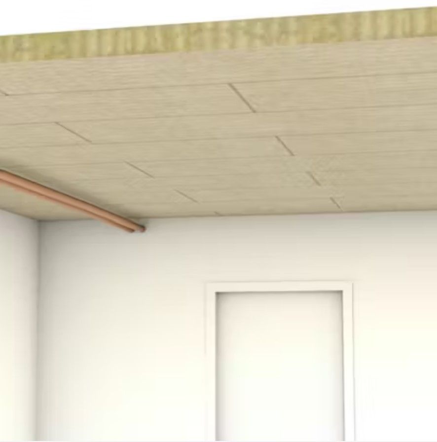 Unteransicht einer Kellerdecke mit hellen Plattenelementen; darüber liegt eine Schicht aus Mineralwolle-Dämmung