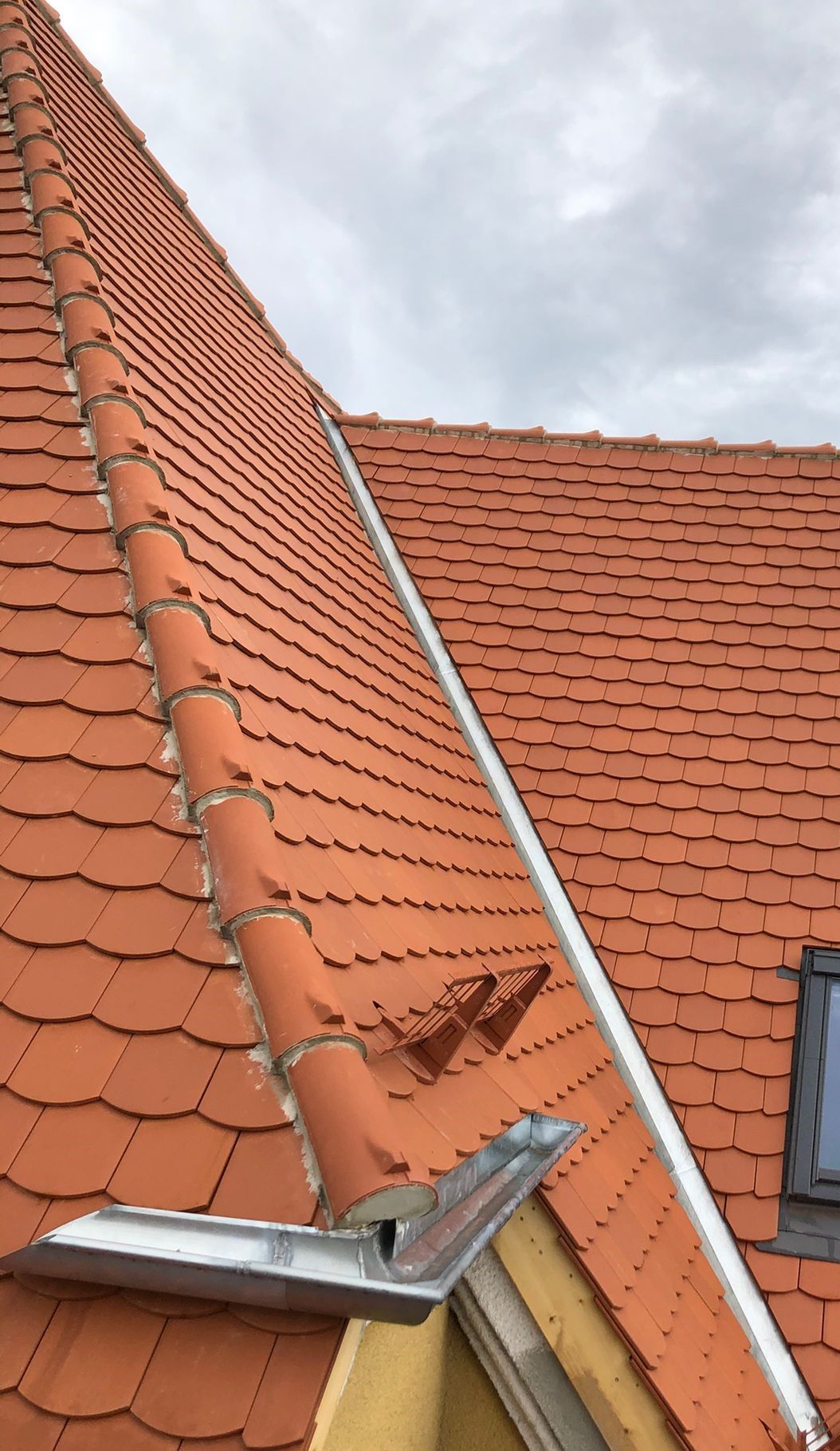 Steildach mit roten Dachziegeln und sauber montierter Dachrinne entlang der Dachkante