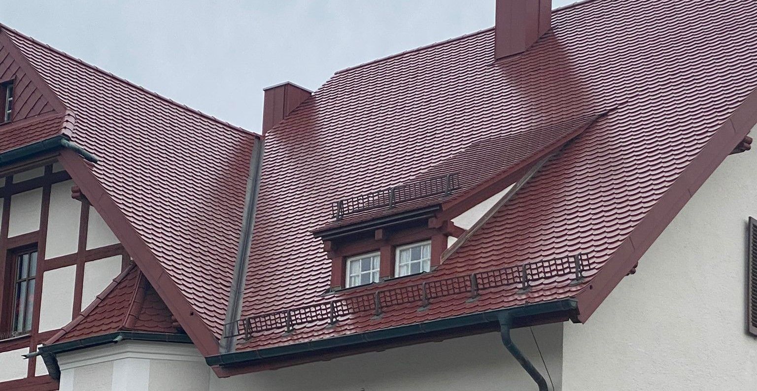 Großes Ziegeldach mit Schneefanggitter und Gaubenfenster an einem Wohnhaus.