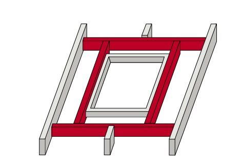 Konstruktion eines Dachfenster-Wechsels mit rot markierten Verstärkungen zwischen den Dachsparren