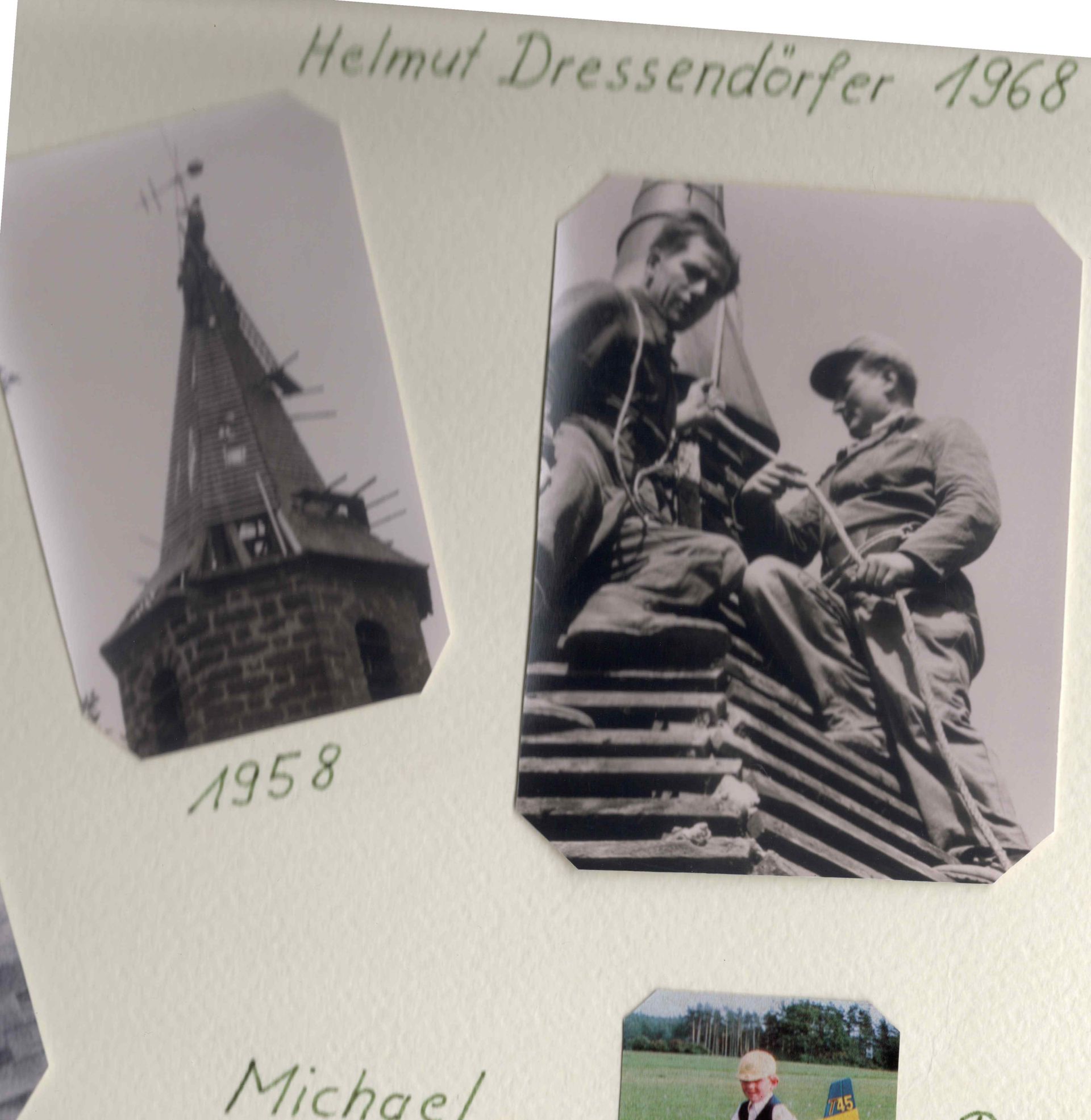Helmut Dressendörfer arbeitet mit einem Mitarbeiter an einem Kirchturm, 1968