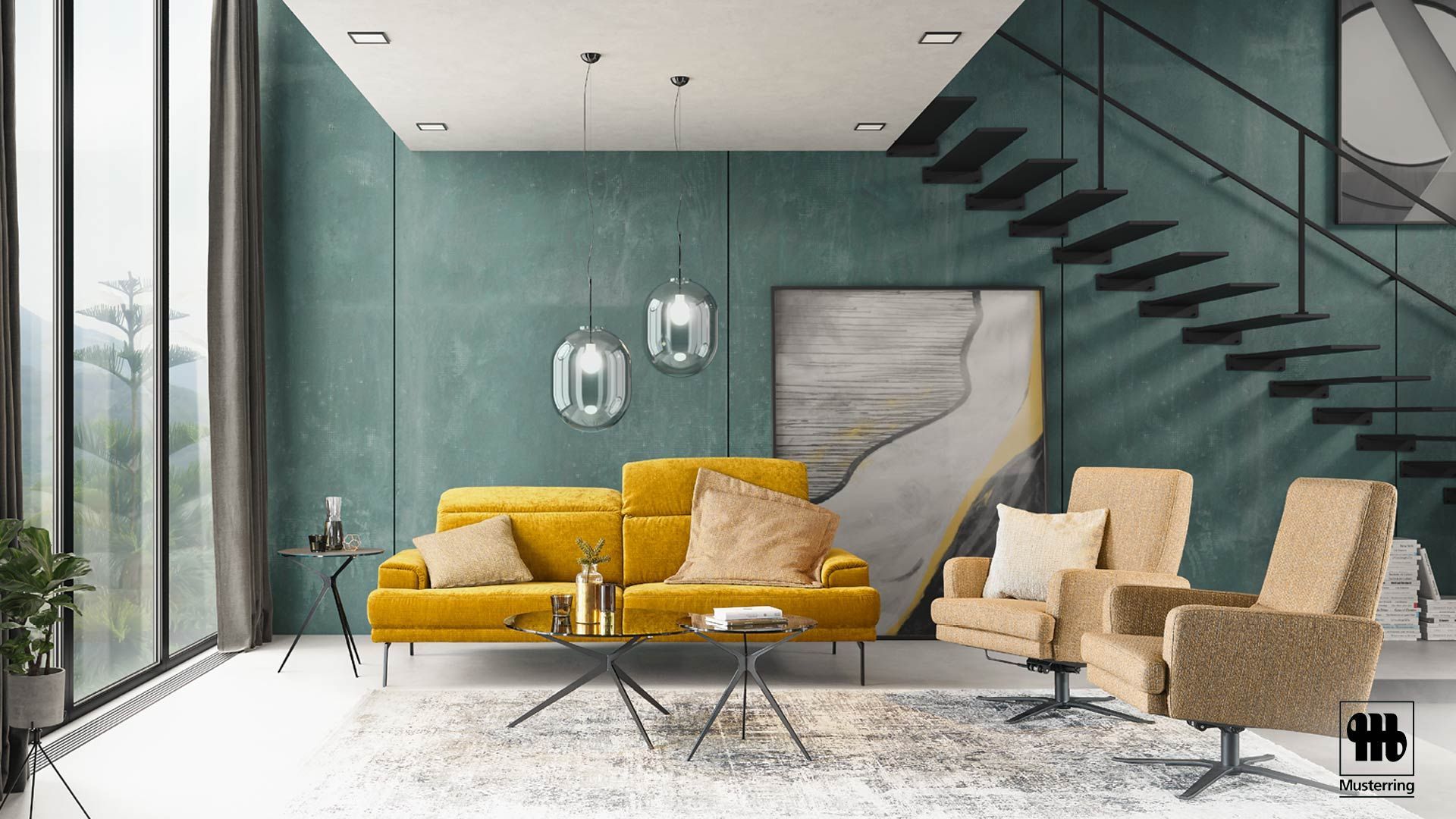 gelbes Sofa und beige Sessel von Musterring