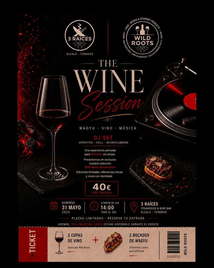 Cartel para evento de cata de vinos con copa de vino, sacacorchos y un elegante diseño en rojo y negro.