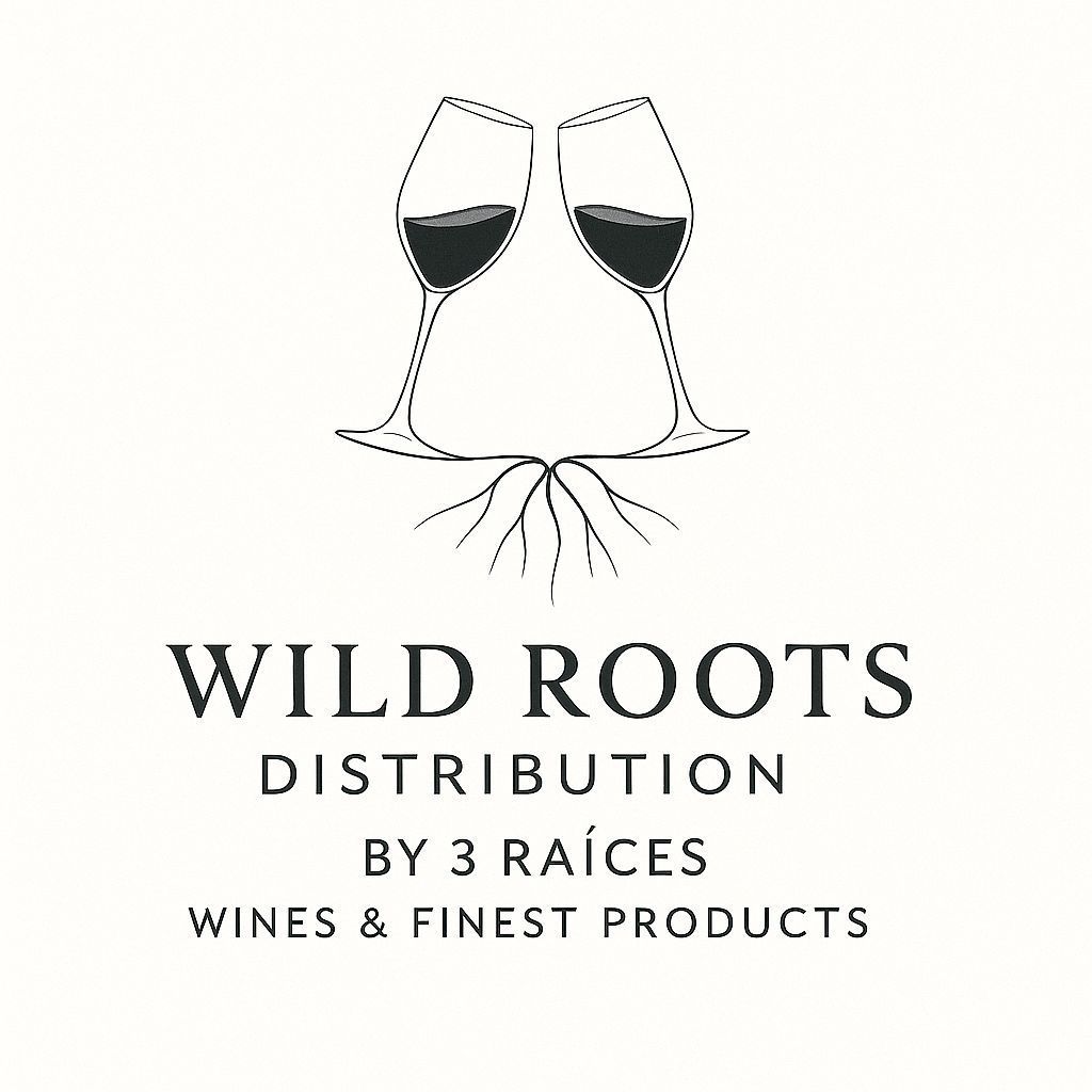 Un logotipo para la distribución de raíces silvestres de 3 raíces vinos y productos finos.