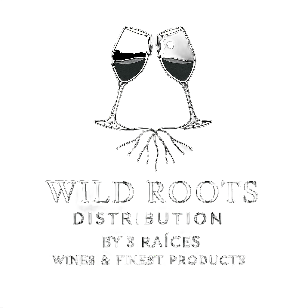 Un logotipo para la distribución de raíces silvestres de 3 raíces vinos y productos finos.