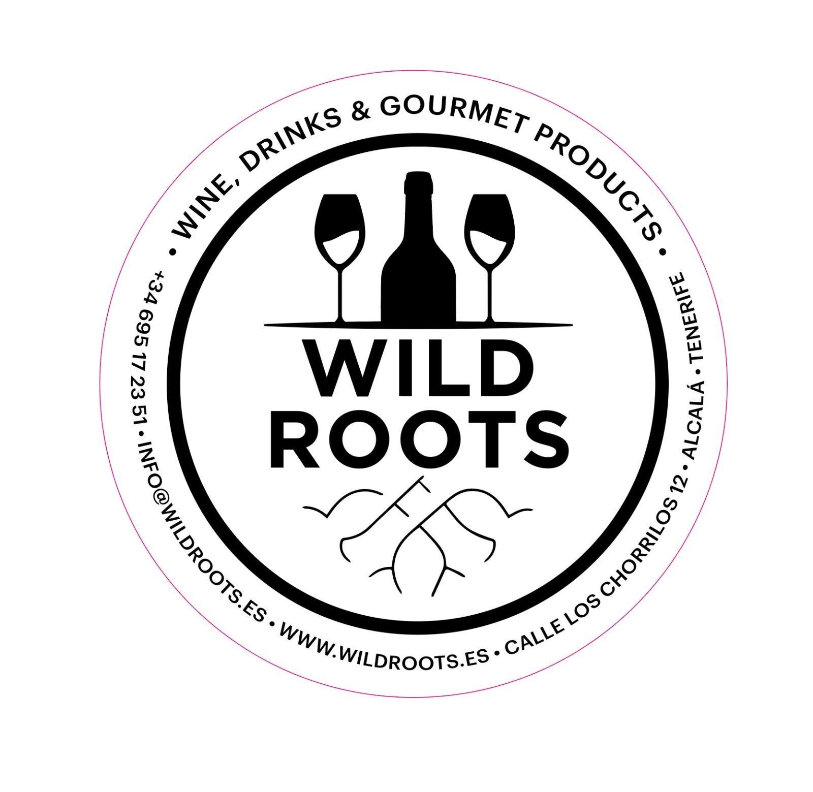 Un logotipo para la distribución de raíces silvestres de 3 raíces vinos y productos finos.