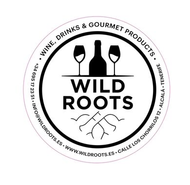 Un logotipo para la distribución de raíces silvestres de 3 raíces vinos y productos finos.