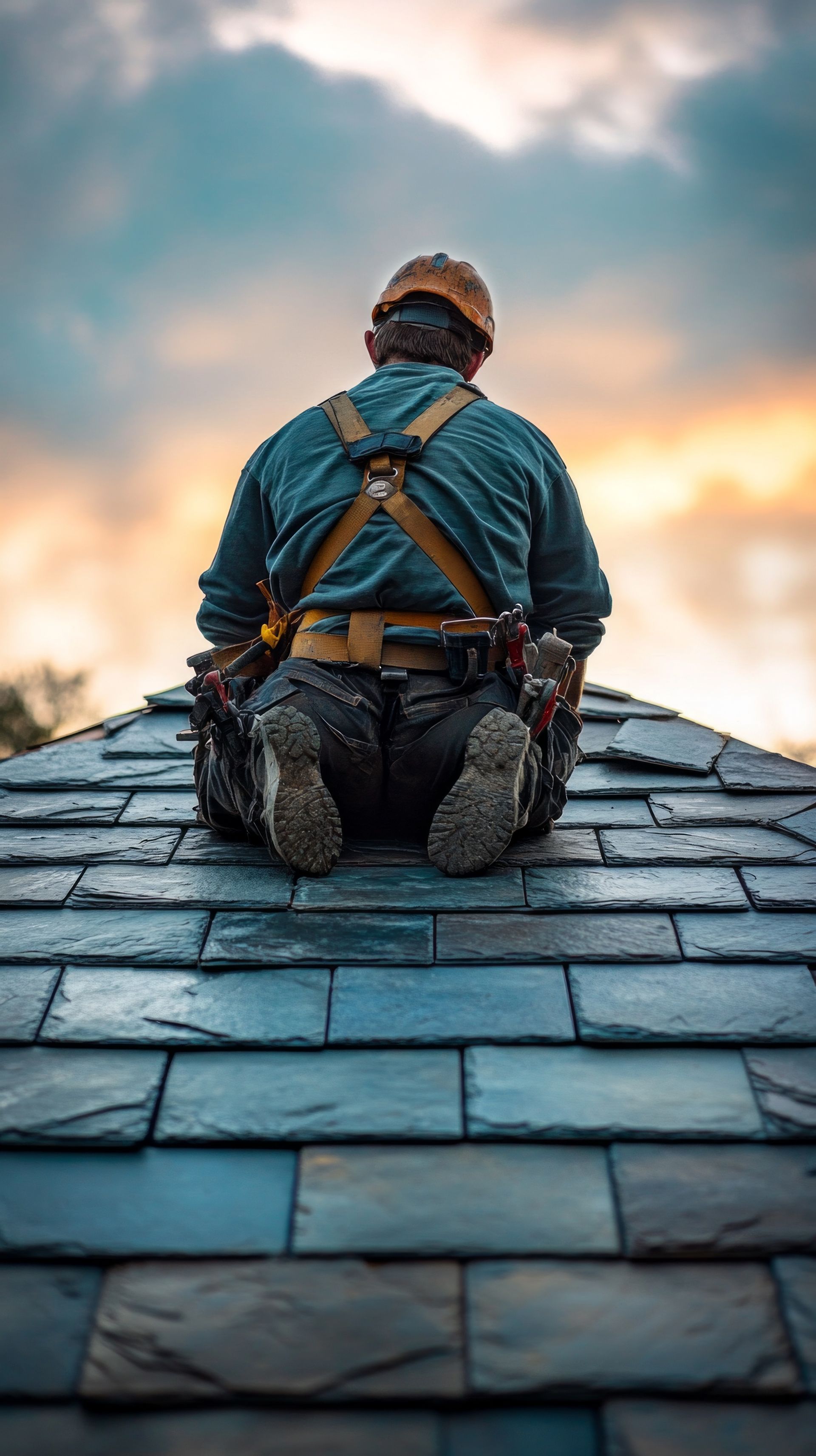 Un couvreur à genou sur une toiture