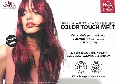 Una mujer con cabello largo y rojo aparece en un anuncio de Wella Color Touch Melt.