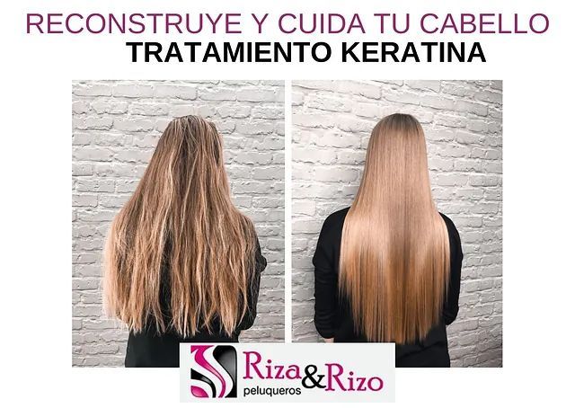 Una fotografía de antes y después del cabello de una mujer con tratamiento de queratina.
