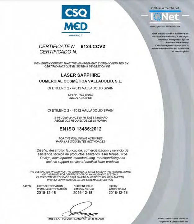 Un certificado CSQ Med para láser zafiro