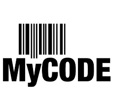 Un logotipo en blanco y negro para mycode con un código de barras.