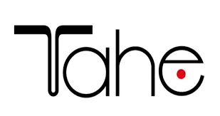 El logotipo de Tahe es blanco y negro con un punto rojo en el medio.